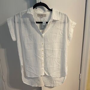 LOFT White Short-Sleeve Button-Down Gauze Shirt